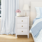 Elegant White 3-Drawer Nightstand with Brass Hardware – Cozy Blue & White Bedroom Side Table
