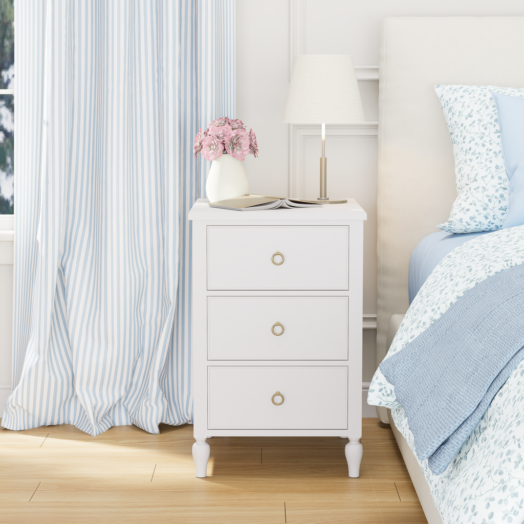 Elegant White 3-Drawer Nightstand with Brass Hardware – Cozy Blue & White Bedroom Side Table