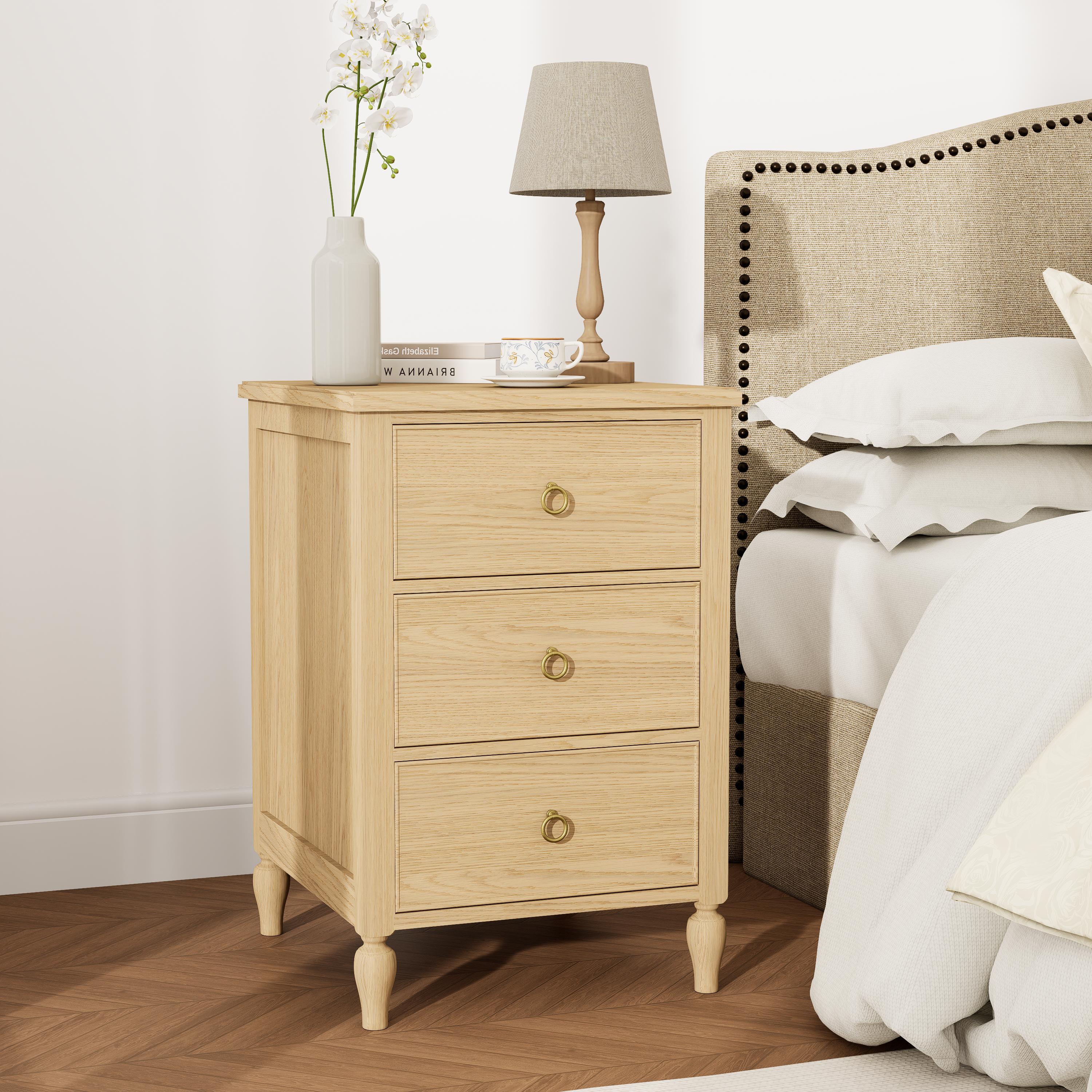Elegant White 3-Drawer Nightstand with Brass Hardware – Cozy Blue & White Bedroom Side Table