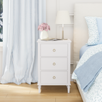Elegant White 3-Drawer Nightstand with Brass Hardware – Cozy Blue & White Bedroom Side Table