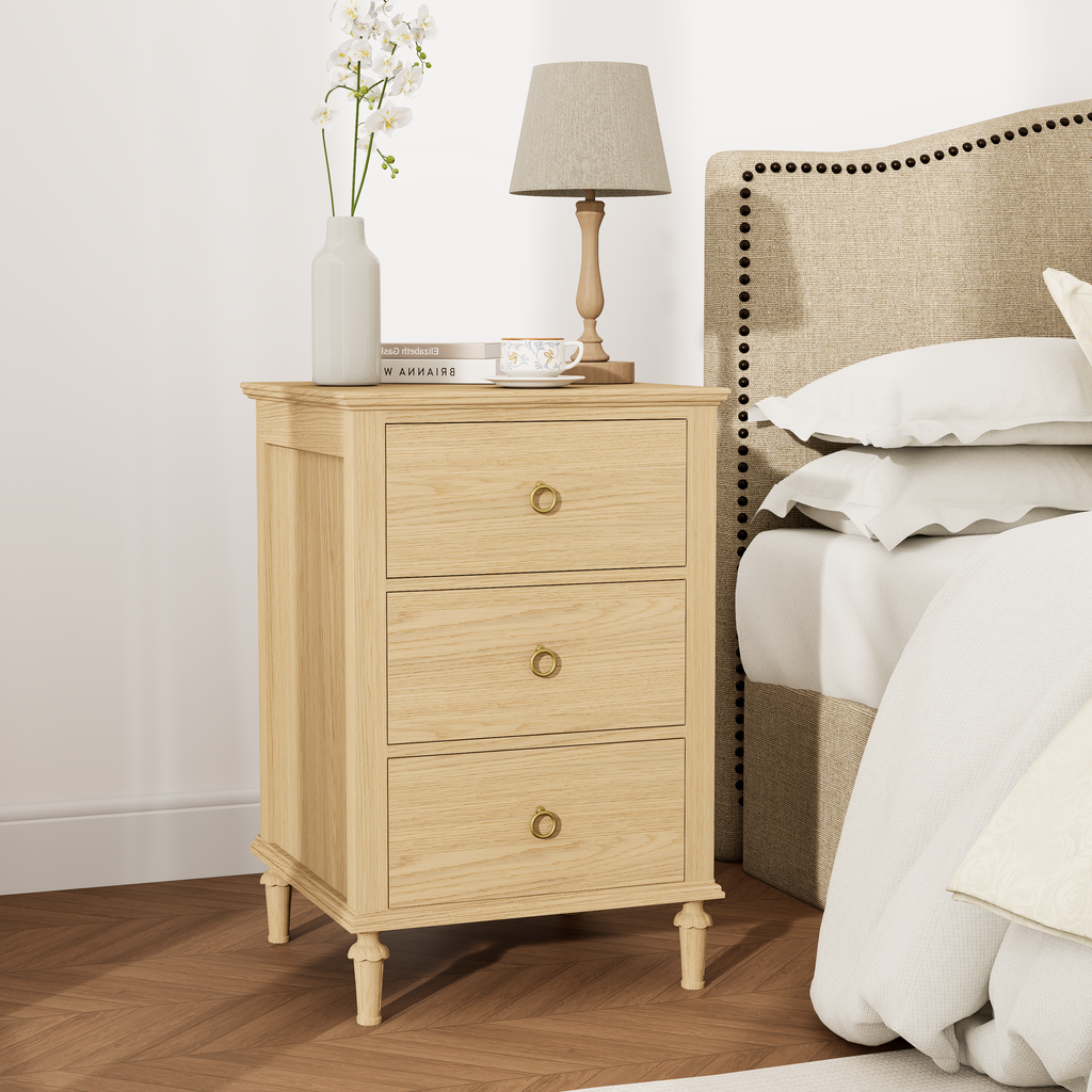 Elegant White 3-Drawer Nightstand with Brass Hardware – Cozy Blue & White Bedroom Side Table