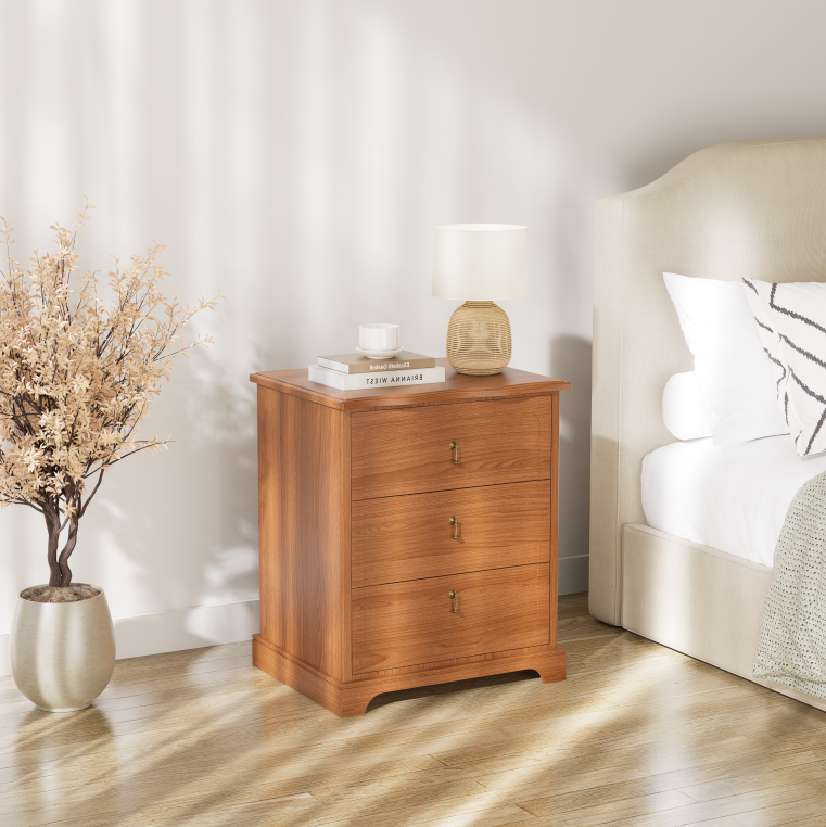 Vintage Mid-Century Nightstand with Charging Station – Three Drawers & Marble-Look Top