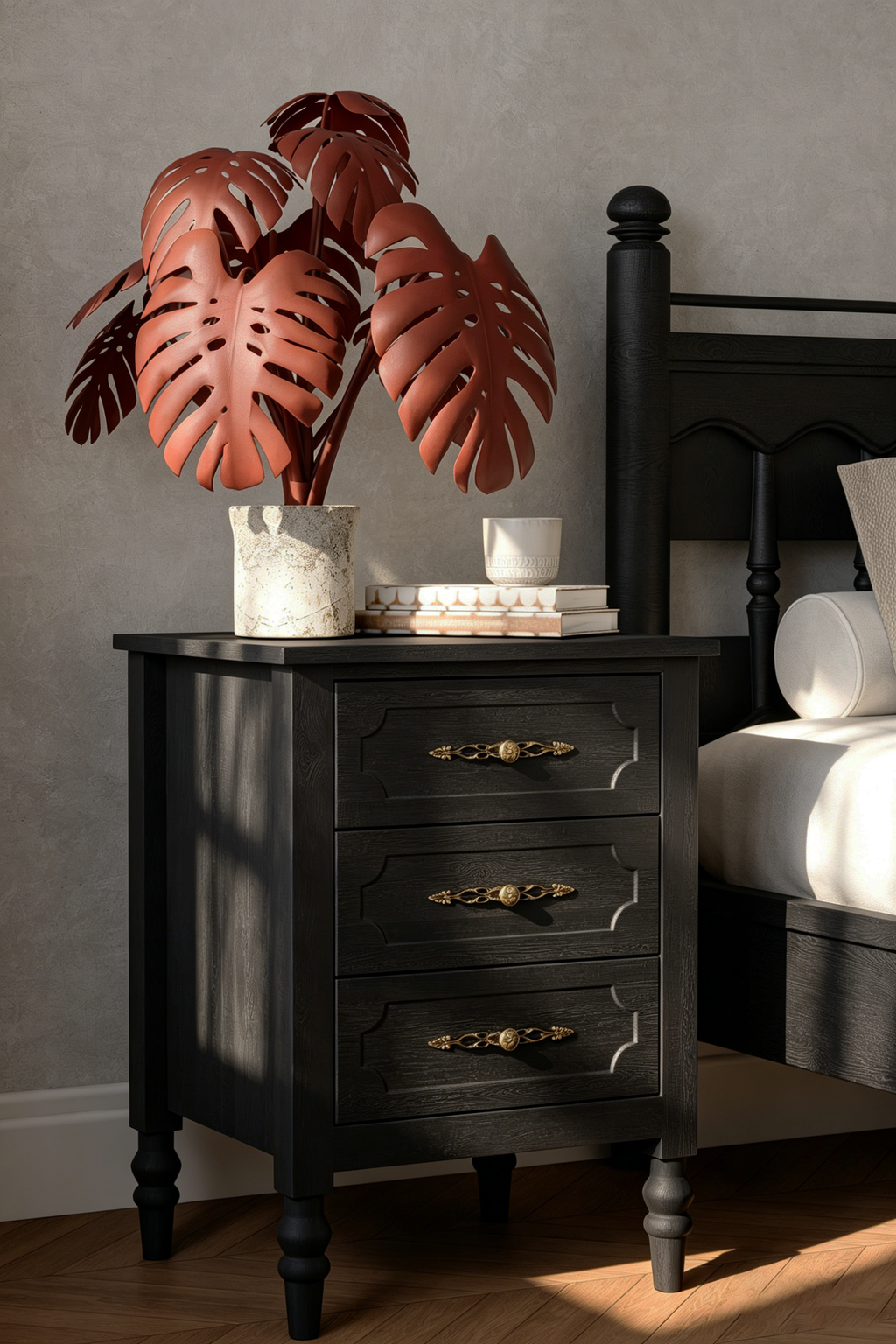 Vintage Farmhouse Bedside Table with Ornate Hardware