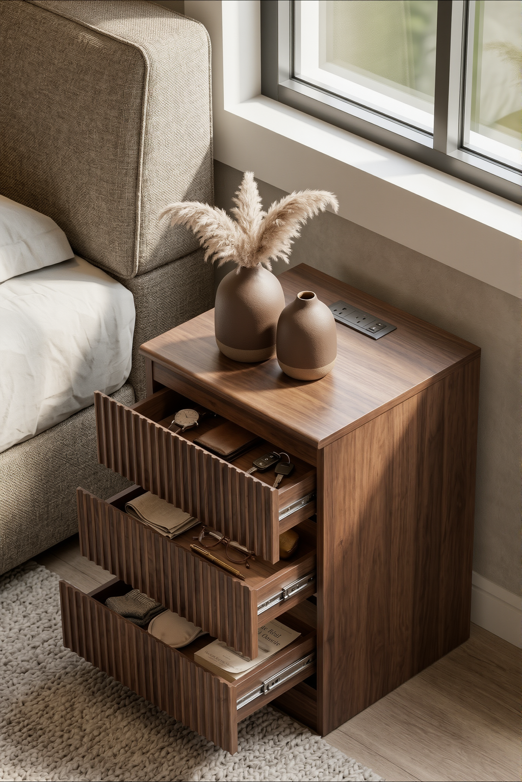 Fluted 3-Drawer Wooden Nightstand | Modern Ribbed Bedside Cabinet with Textured Front