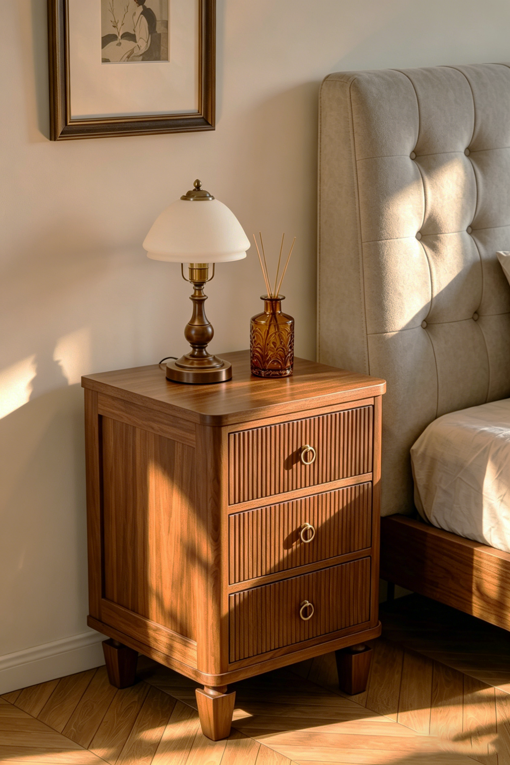 Mid-Century Modern Fluted Wooden Nightstand - 3-Drawer Storage Bedside Table with Brass Hardware for Bedroom & Living Room