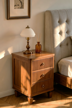 Mid-Century Modern Fluted Wooden Nightstand - 3-Drawer Storage Bedside Table with Brass Hardware for Bedroom & Living Room