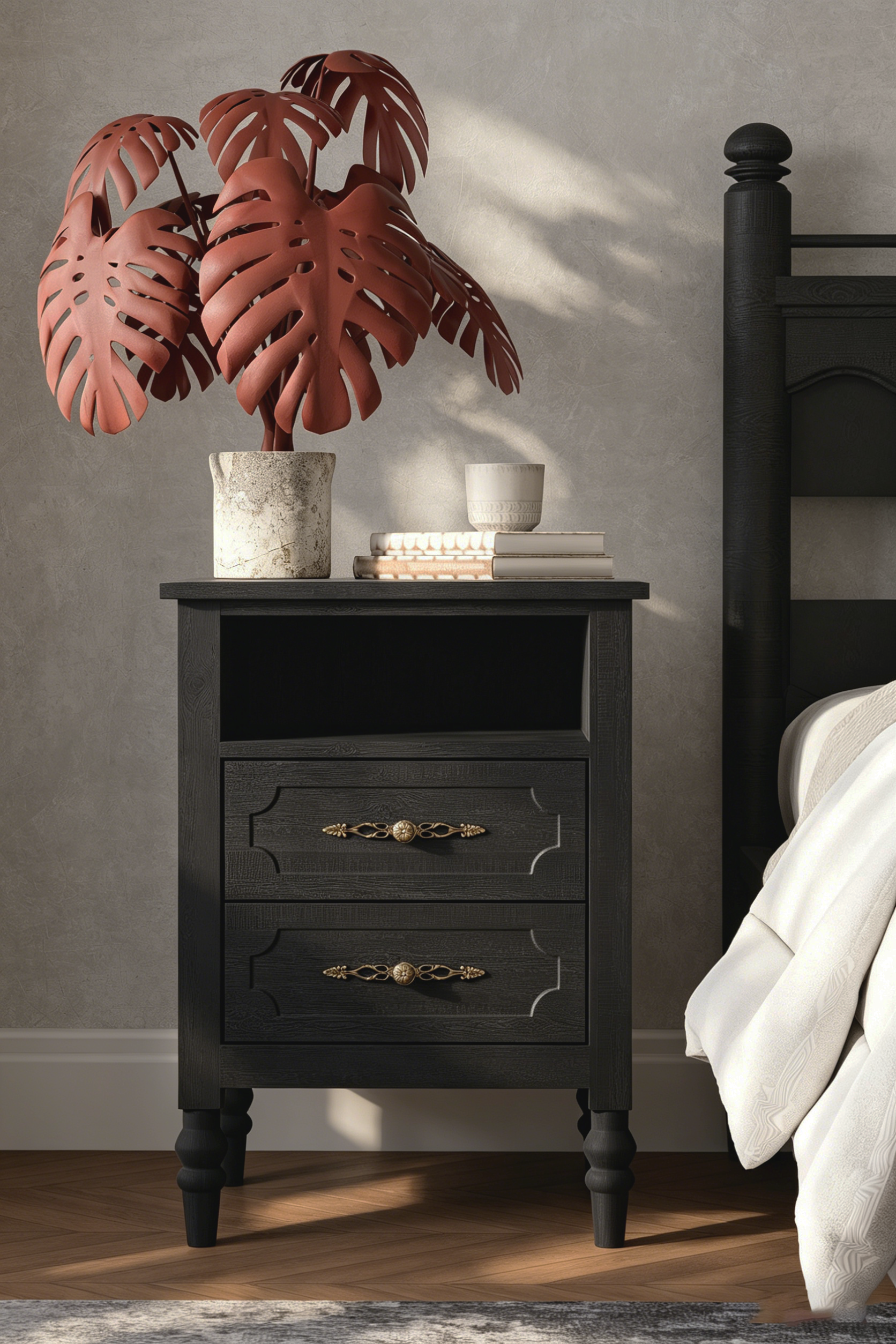 Vintage Farmhouse Bedside Table with Ornate Hardware
