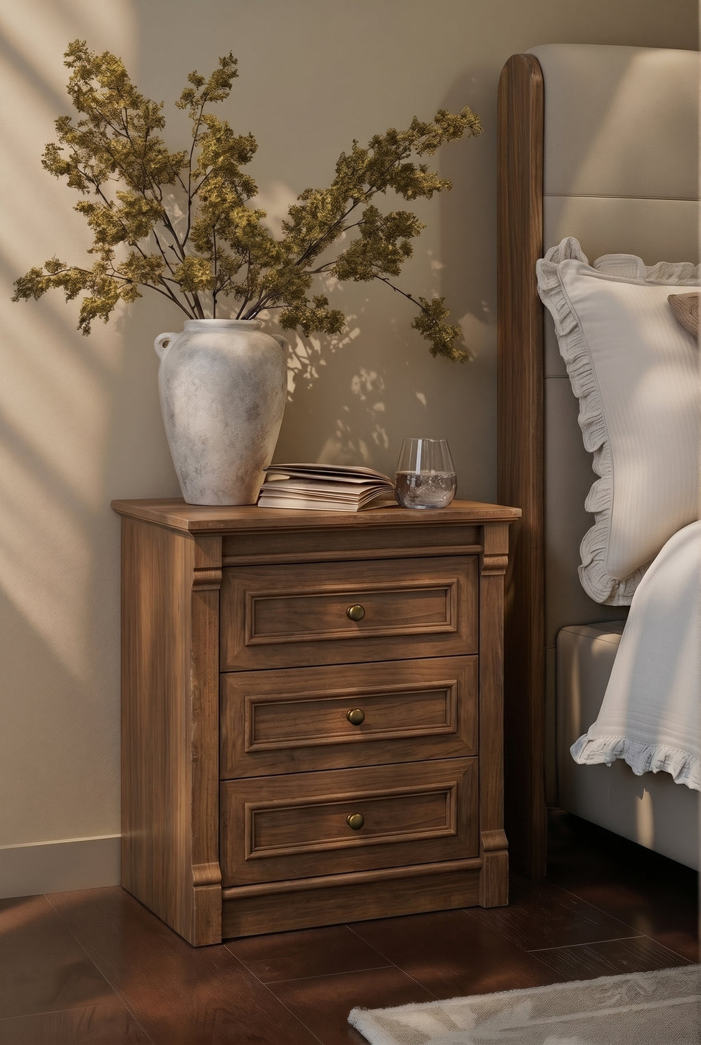 Farmhouse 3-Drawer Wooden Nightstand | Rustic Bedside Cabinet with Recessed Panel Drawers & Round Brass Knobs