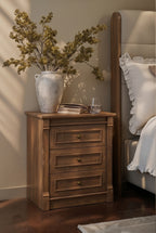 Farmhouse 3-Drawer Wooden Nightstand | Rustic Bedside Cabinet with Recessed Panel Drawers & Round Brass Knobs