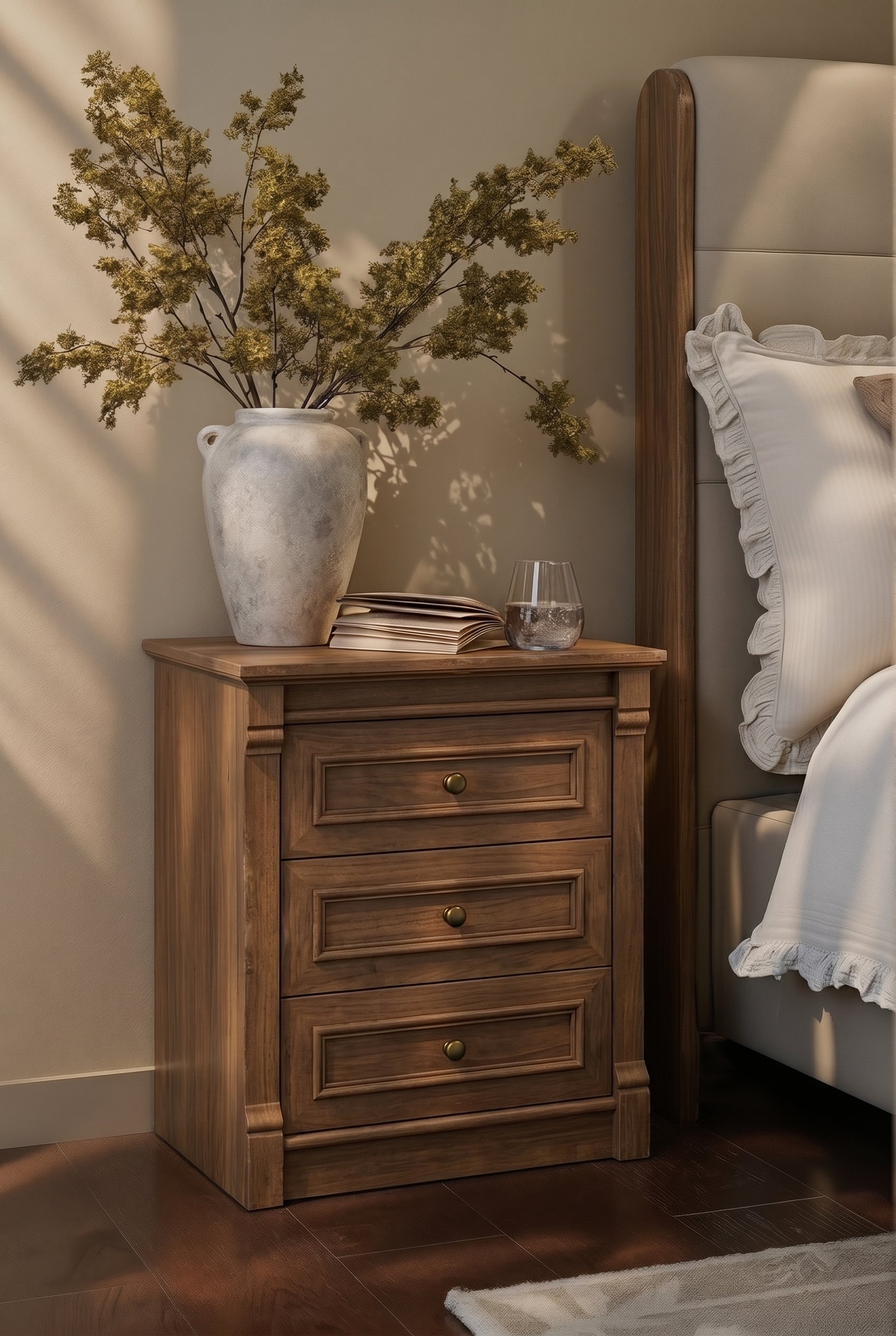 Farmhouse 3-Drawer Wooden Nightstand | Rustic Bedside Cabinet with Recessed Panel Drawers & Round Brass Knobs