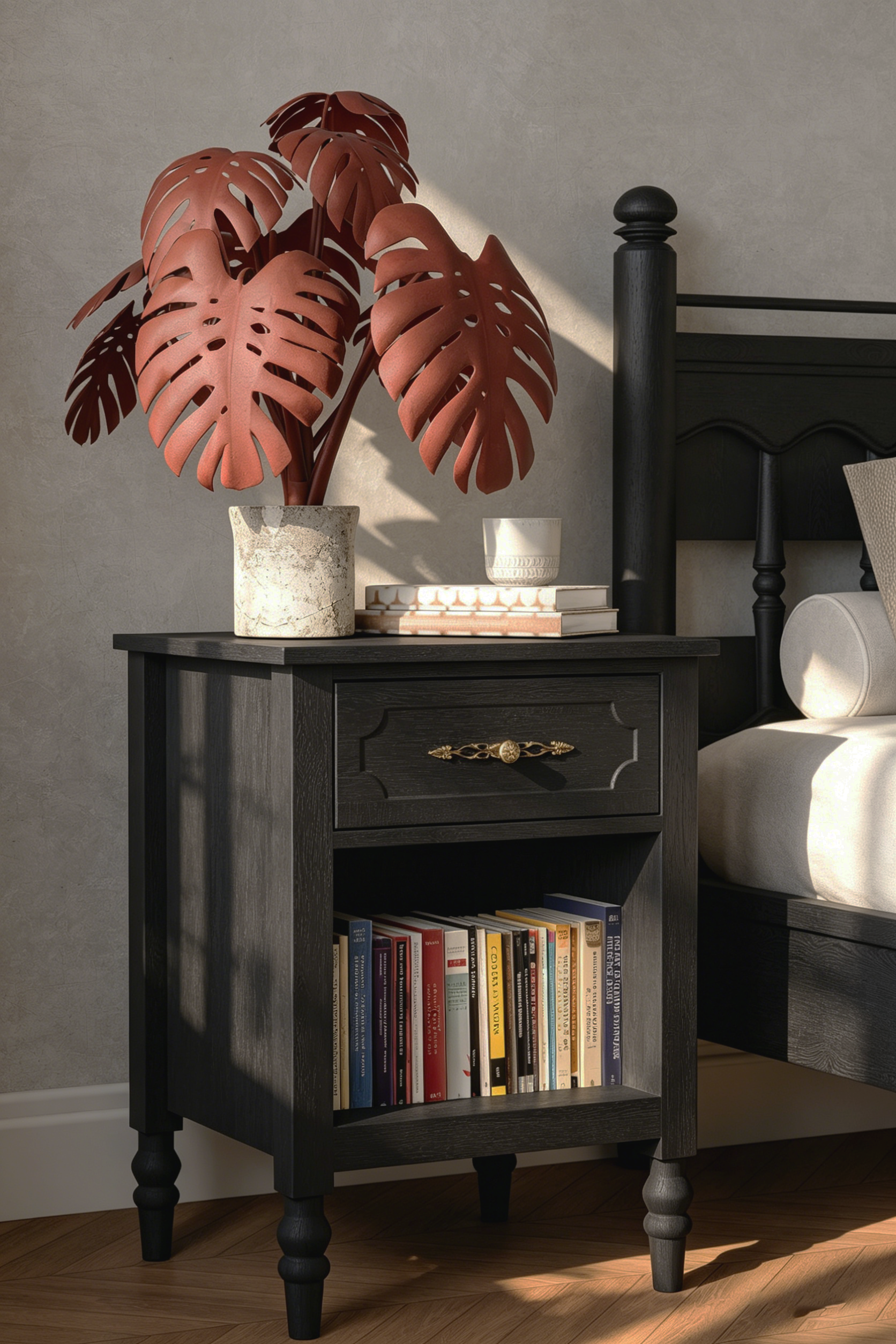 Vintage Farmhouse Bedside Table with Ornate Hardware