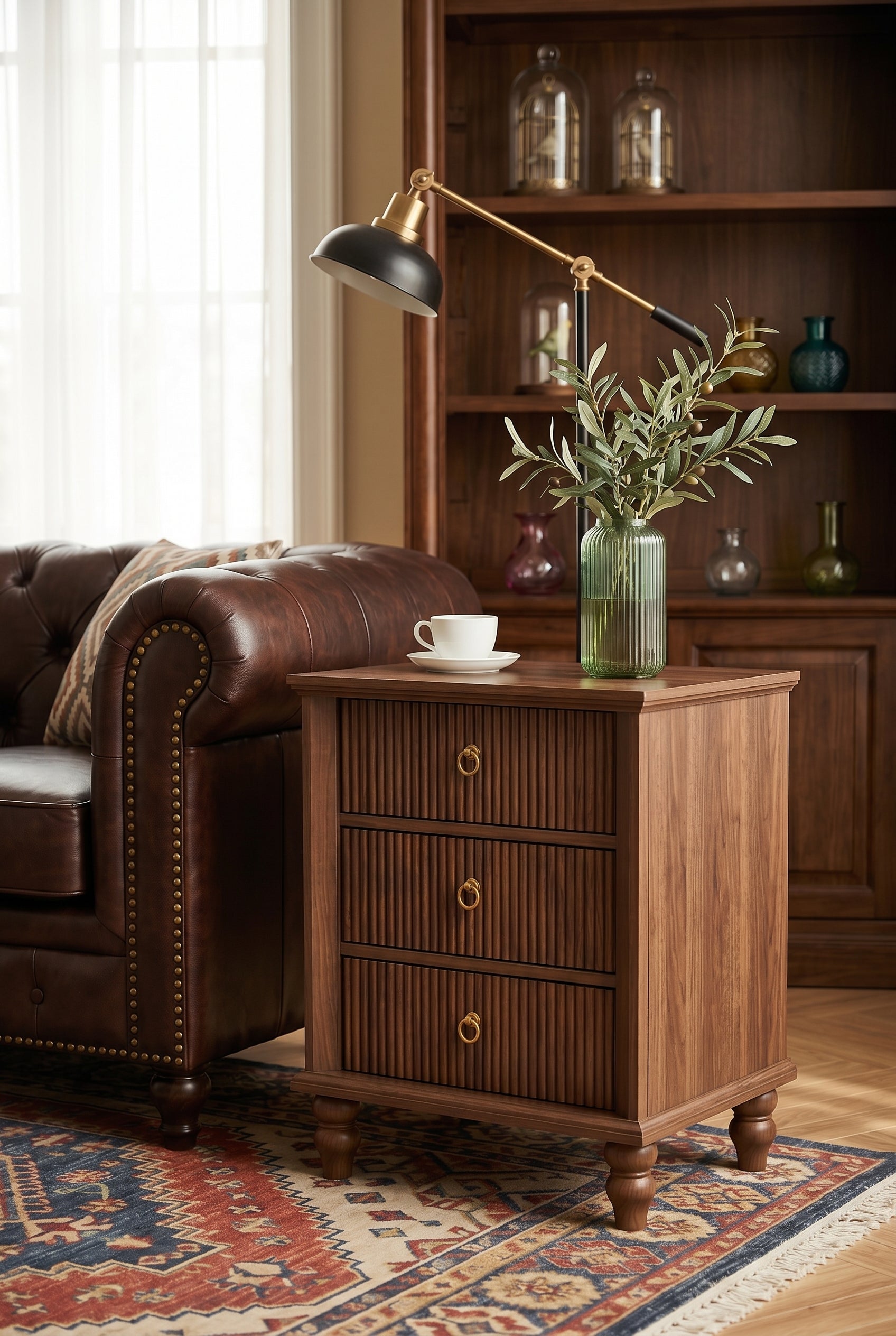 Fluted 3-Drawer Wooden End Table | Ribbed Front Side Cabinet with Turned Legs & Brass Pulls