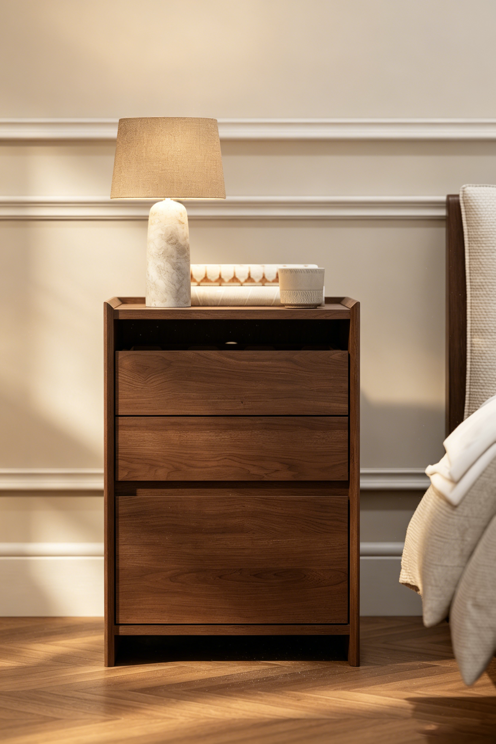 Wooden three-drawer bedside table
