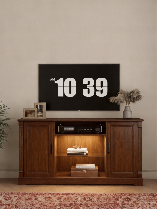 Wooden TV Stand Media Console with Built-In LED Light, 2 Closed Storage Doors & Central Glass Shelf Compartment, Traditional Fluted Trim Entertainment Center for Living Room