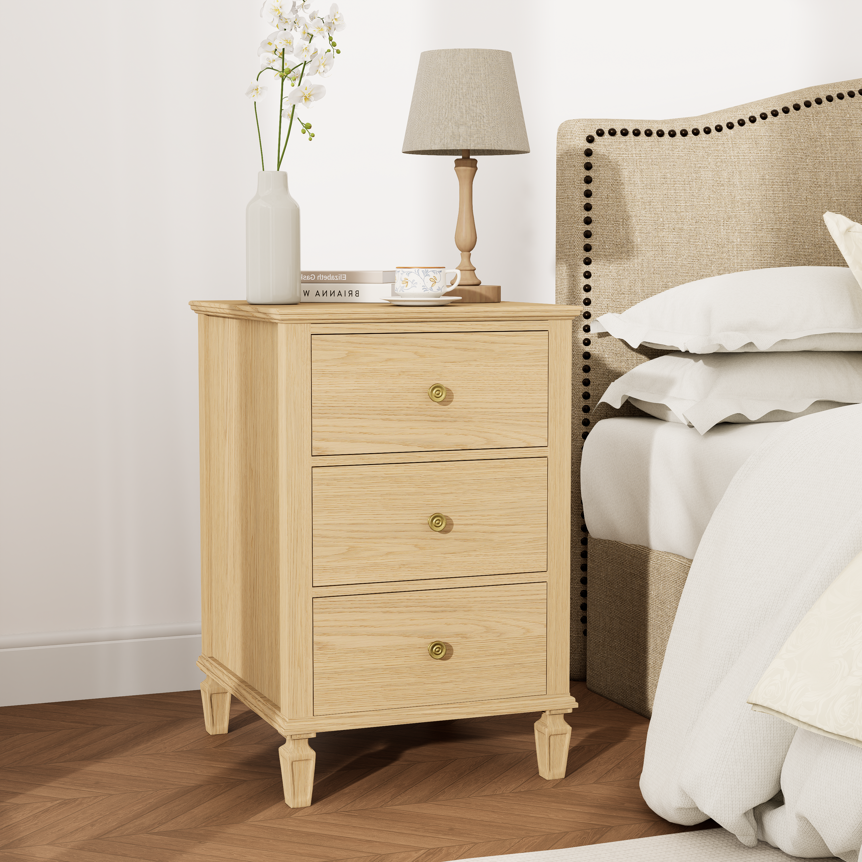 Elegant White 3-Drawer Nightstand with Brass Hardware – Cozy Blue & White Bedroom Side Table
