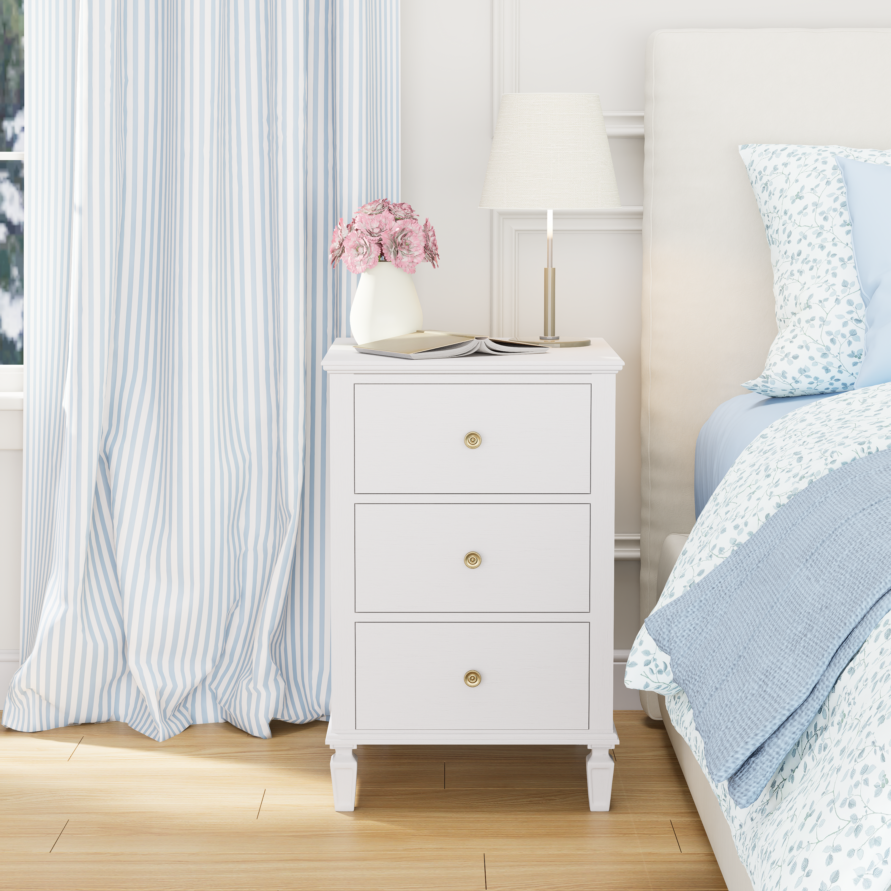 Elegant White 3-Drawer Nightstand with Brass Hardware – Cozy Blue & White Bedroom Side Table