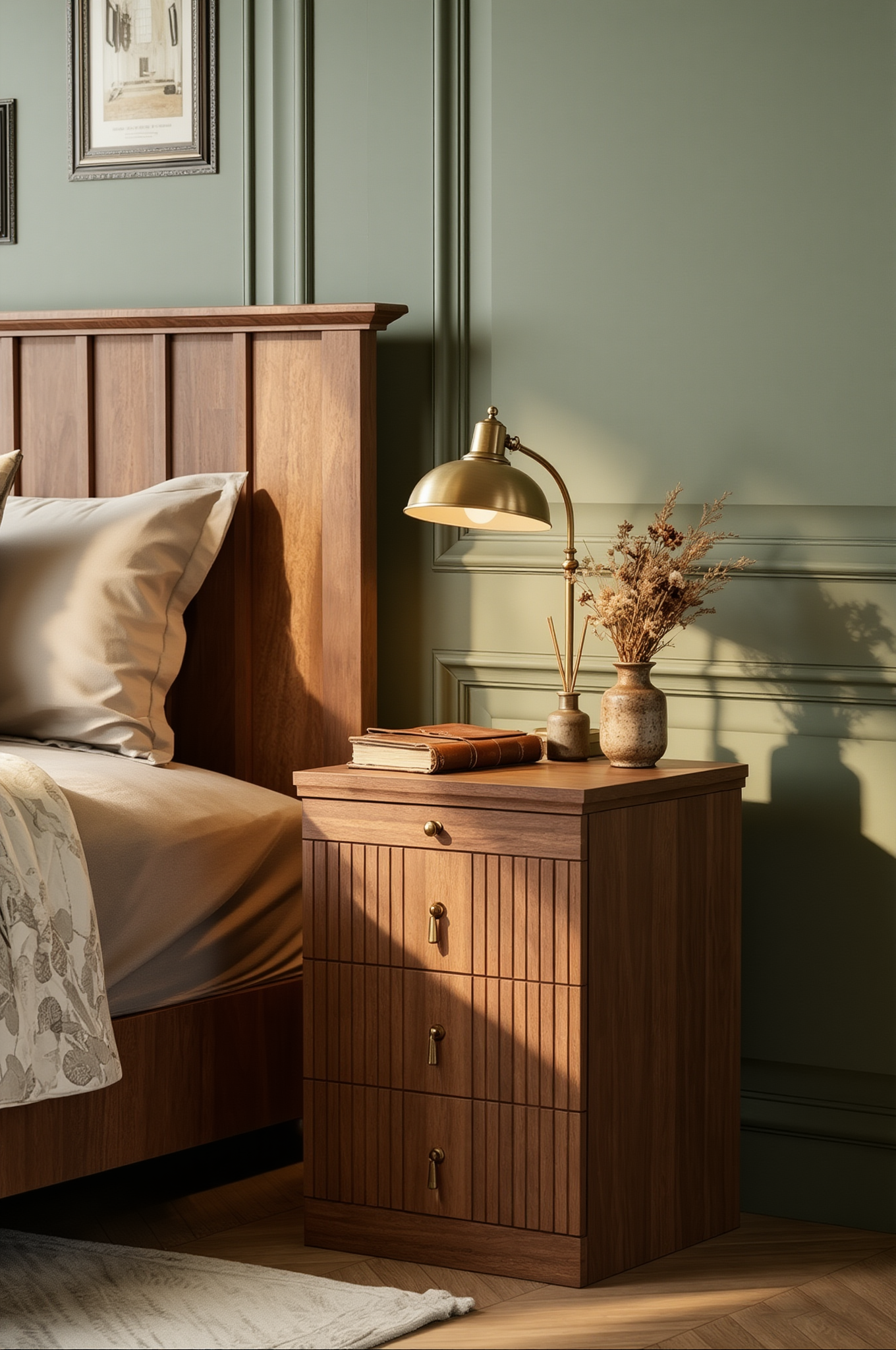 Modern Fluted 4-Drawer Wooden Nightstand | Vintage Style Storage Cabinet for Bedroom, Solid Wood Veneer