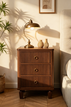 Mid-Century Modern Fluted Wooden Nightstand - 3-Drawer Storage Bedside Table with Brass Hardware for Bedroom & Living Room