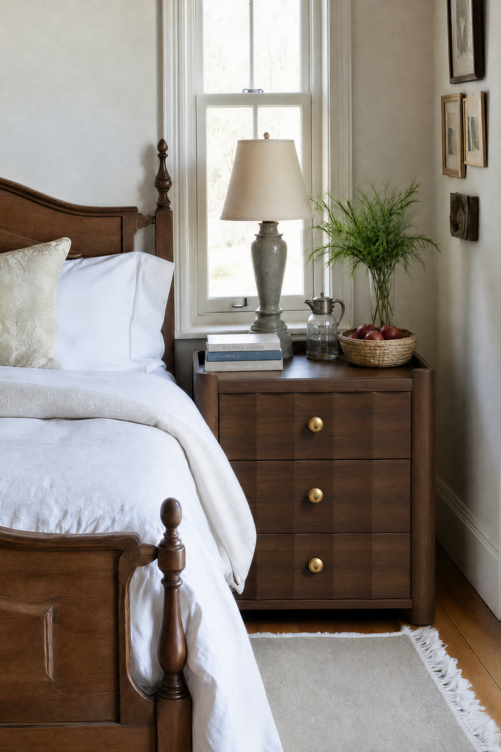 3-Drawer Vertical Fluted Wooden Nightstand, Retro Wavy Ribbed Bedside Cabinet with Round Brass Knobs, Solid Wood Storage End Table for Bedroom