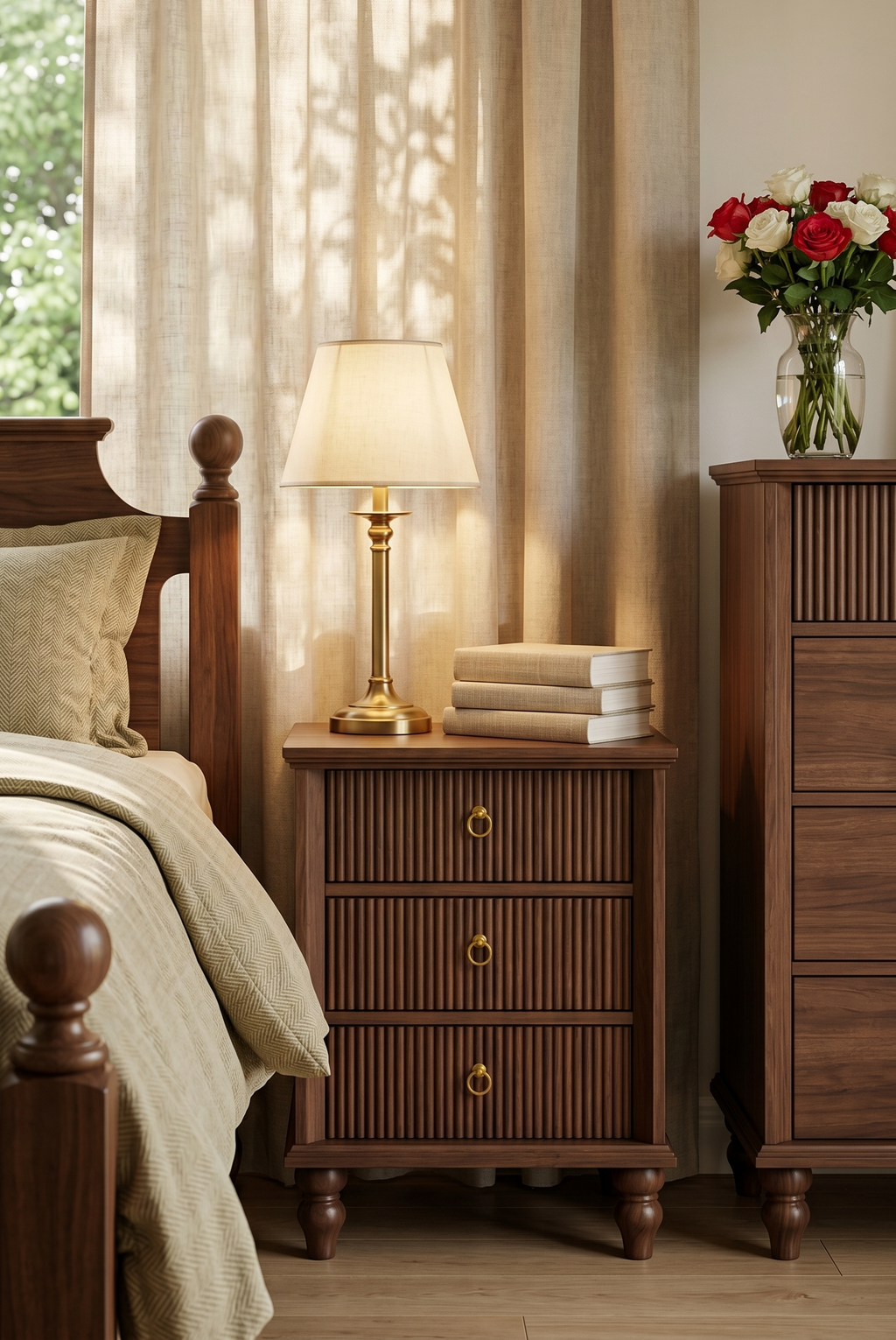 Fluted 3-Drawer Wooden End Table | Ribbed Front Side Cabinet with Turned Legs & Brass Pulls