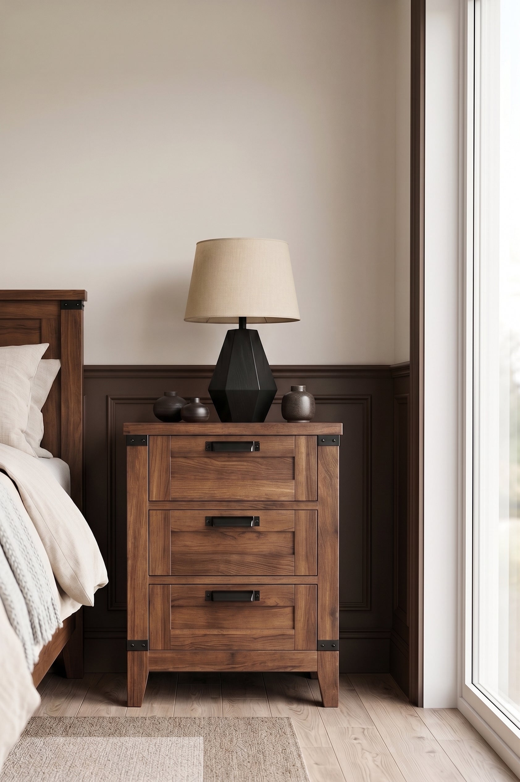 Rustic Industrial 3-Drawer Wooden Nightstand | Farmhouse Bedside Cabinet with Metal Accents & Black Handles