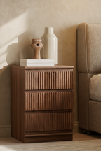 Fluted 3-Drawer Wooden Nightstand | Modern Ribbed Bedside Cabinet with Textured Front