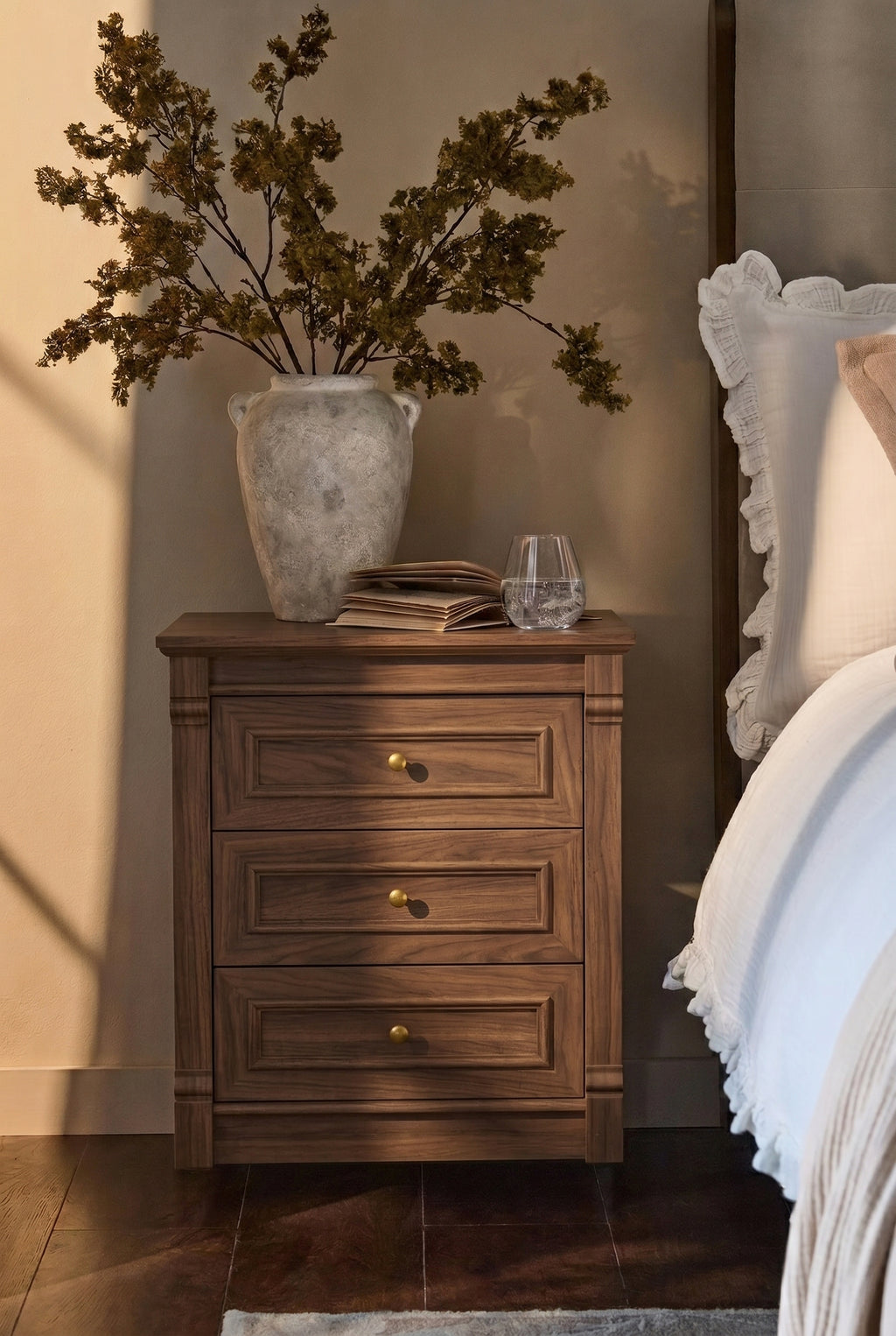 Farmhouse 3-Drawer Wooden Nightstand | Rustic Bedside Cabinet with Recessed Panel Drawers & Round Brass Knobs