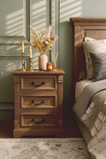 3-Drawer Fluted Column Wooden Nightstand | Vintage Farmhouse Bedside Cabinet with Curved Metal Bar Pulls & Recessed Panel Drawers