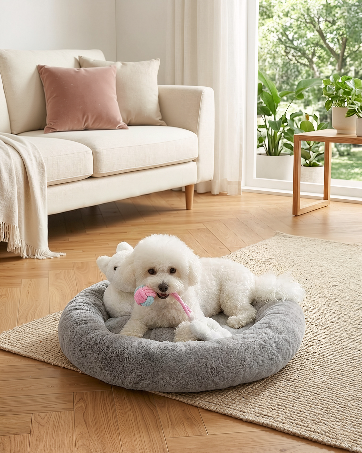 Puppy dog bed with Tug Toy and Comfort Cuddler Pillow - Stuffed Animal for Cuddling & Playing