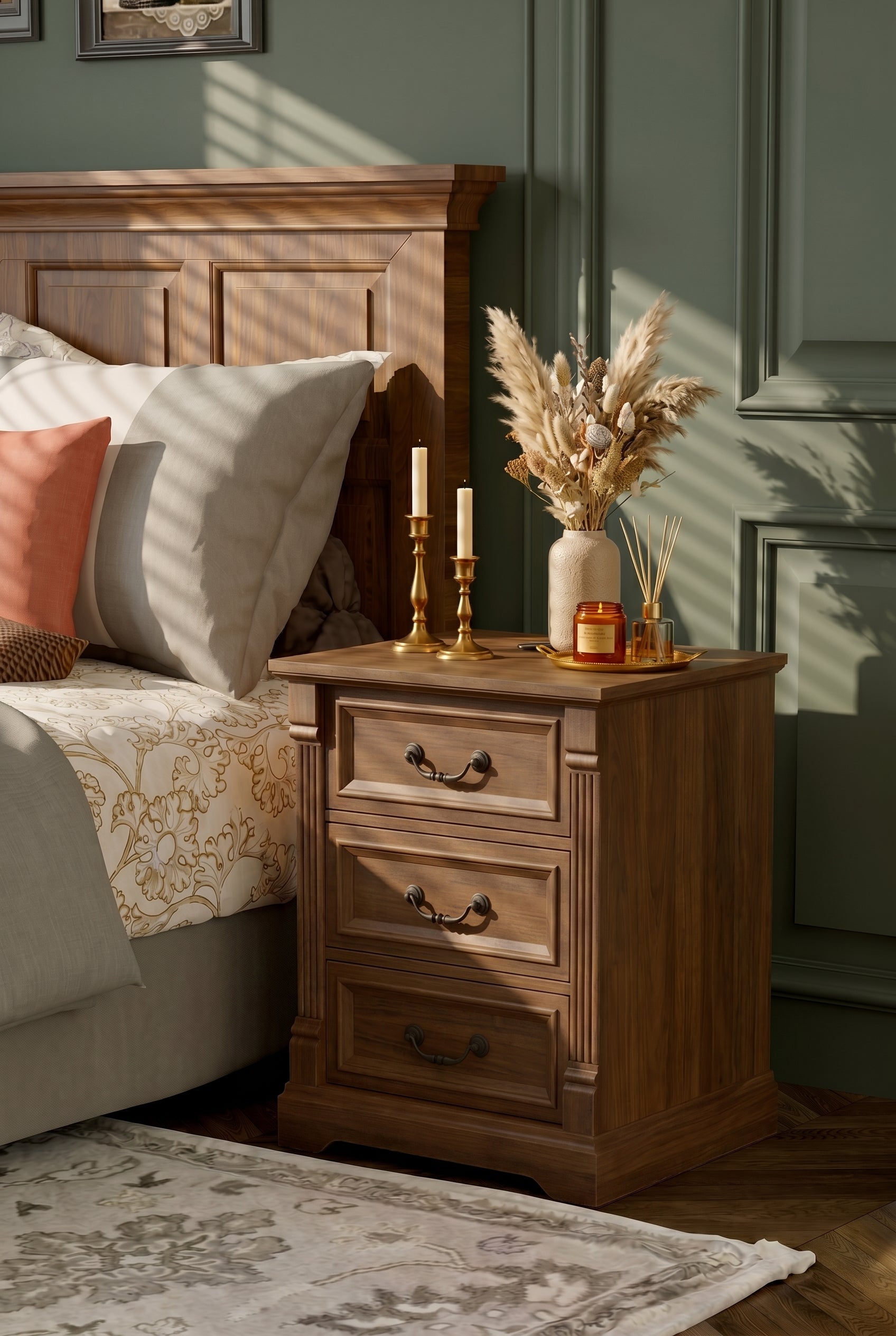 3-Drawer Fluted Column Wooden Nightstand | Vintage Farmhouse Bedside Cabinet with Curved Metal Bar Pulls & Recessed Panel Drawers