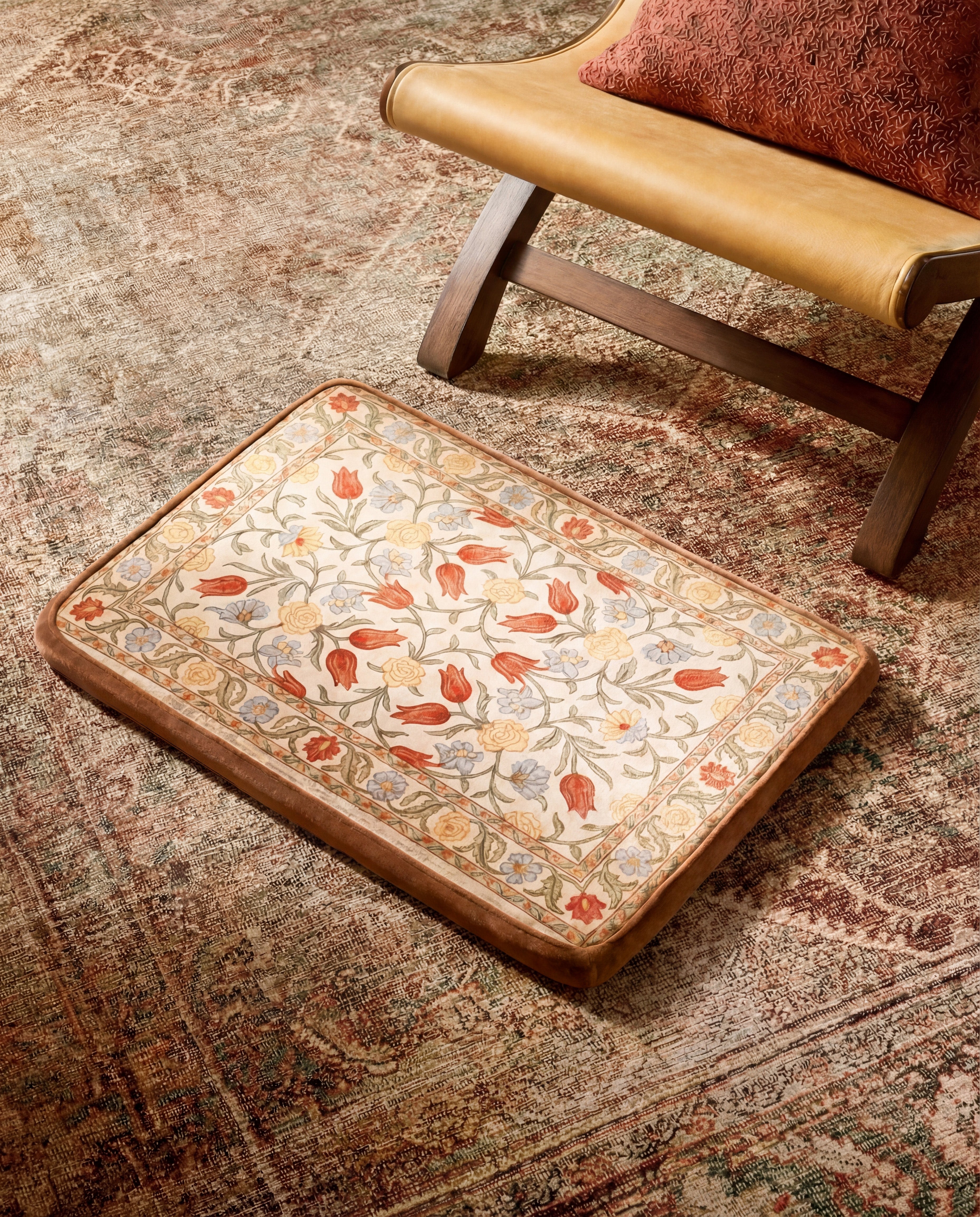 Boho Floral Dog Bed Mat - Light Retro Vintage Tulip Pattern Pet Cushion, Soft &amp; Comfortable Sleeping Pad for Small to Medium Dogs &amp; Cats, Indoor Floor &amp; Crate Mat