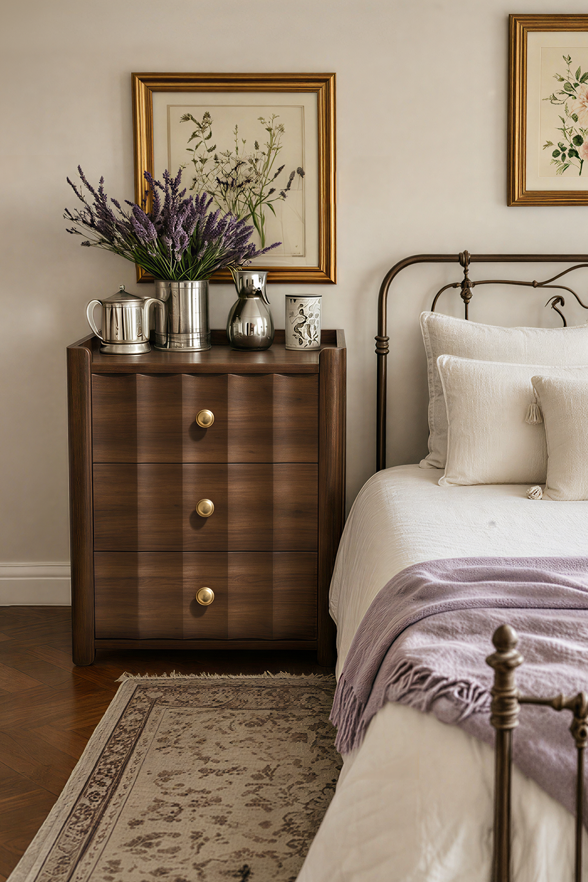 3-Drawer Vertical Fluted Wooden Nightstand, Retro Wavy Ribbed Bedside Cabinet with Round Brass Knobs, Solid Wood Storage End Table for Bedroom