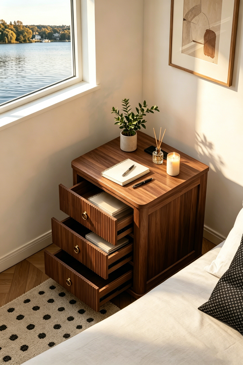 Mid-Century Modern Fluted Wooden Nightstand - 3-Drawer Storage Bedside Table with Brass Hardware for Bedroom & Living Room