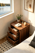 Mid-Century Modern Fluted Wooden Nightstand - 3-Drawer Storage Bedside Table with Brass Hardware for Bedroom & Living Room