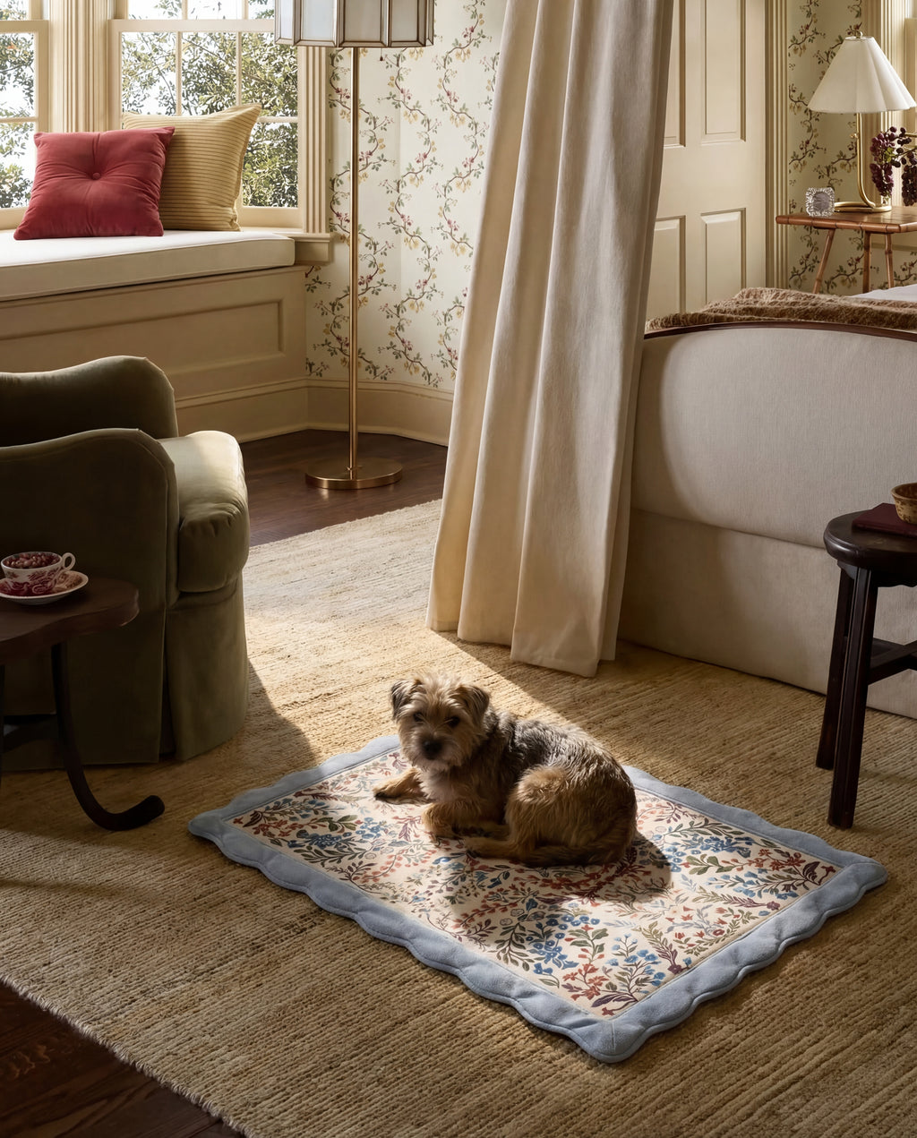 Large Dog Bed - Retro Boho Floral, Washable Cover, Crate & Home Use