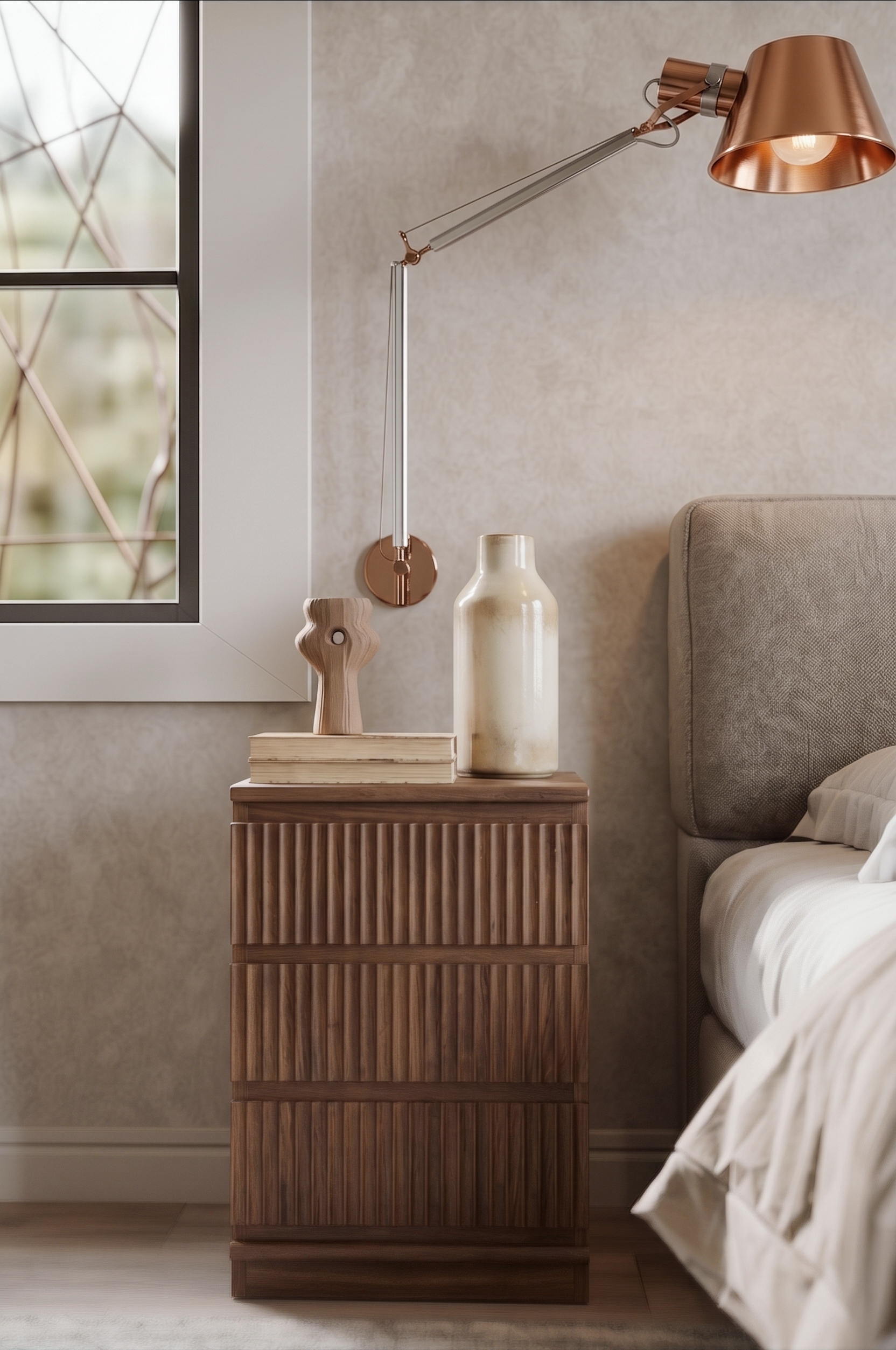 Fluted 3-Drawer Wooden Nightstand | Modern Ribbed Bedside Cabinet with Textured Front