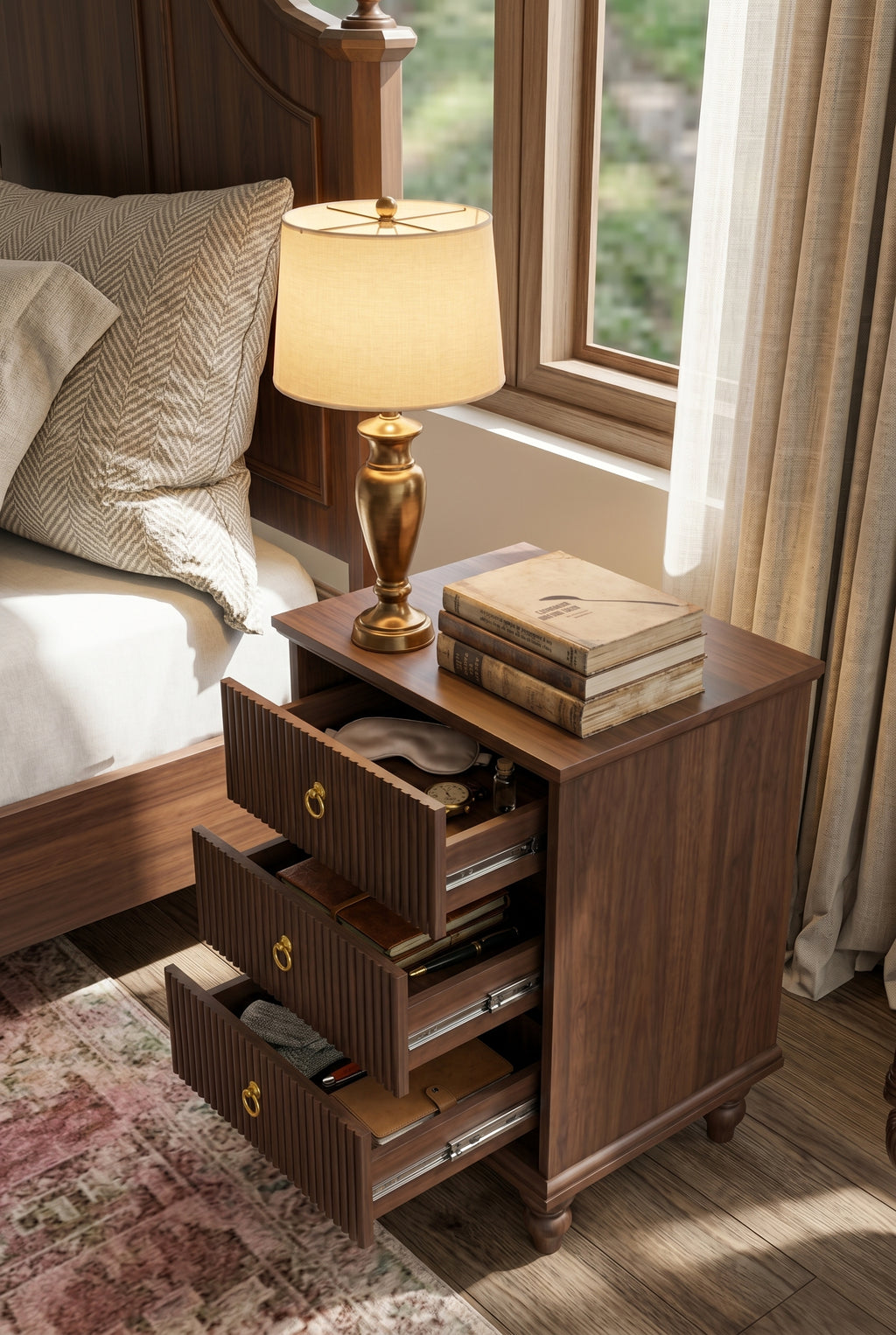 Fluted 3-Drawer Wooden End Table | Ribbed Front Side Cabinet with Turned Legs & Brass Pulls