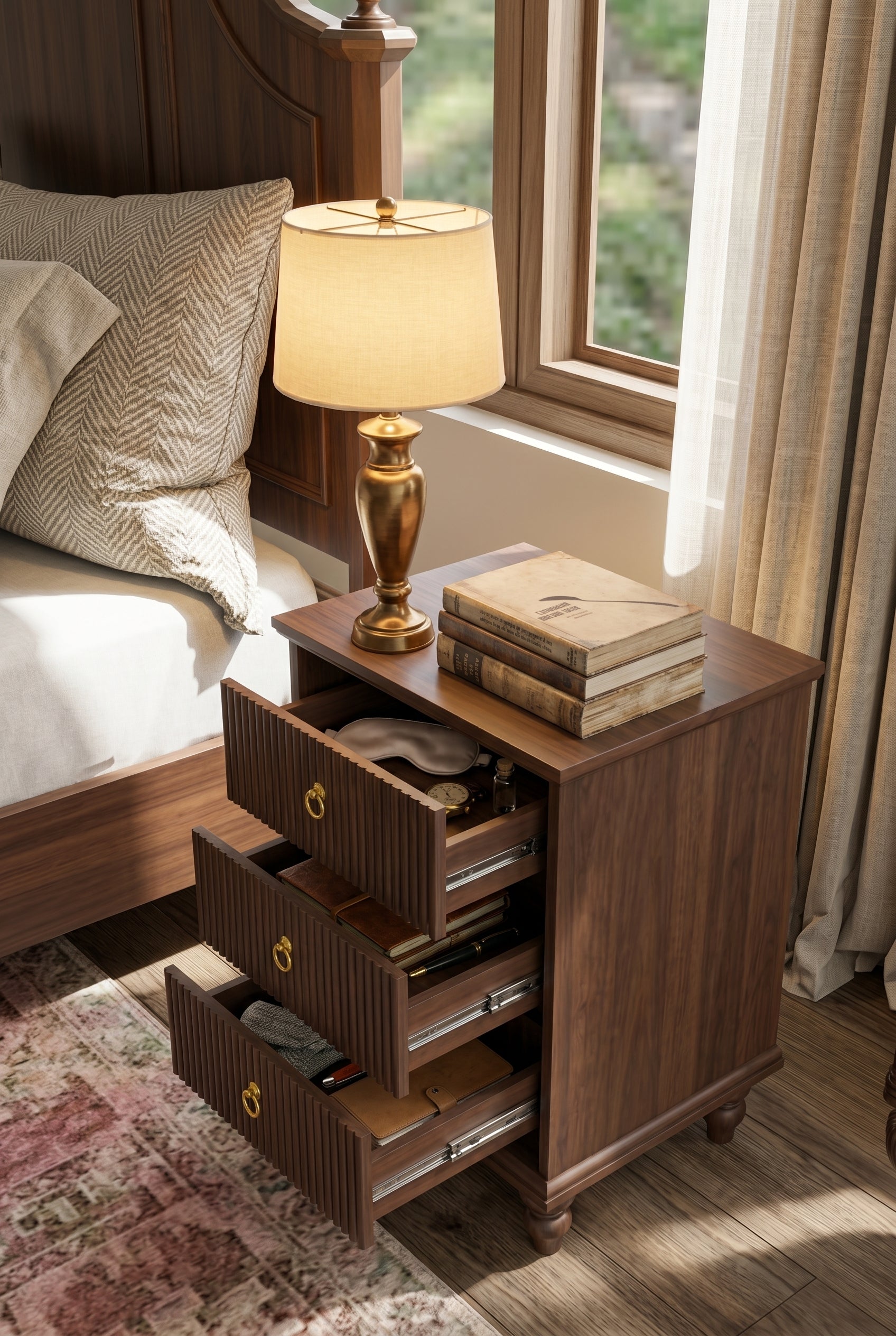 Fluted 3-Drawer Wooden End Table | Ribbed Front Side Cabinet with Turned Legs & Brass Pulls