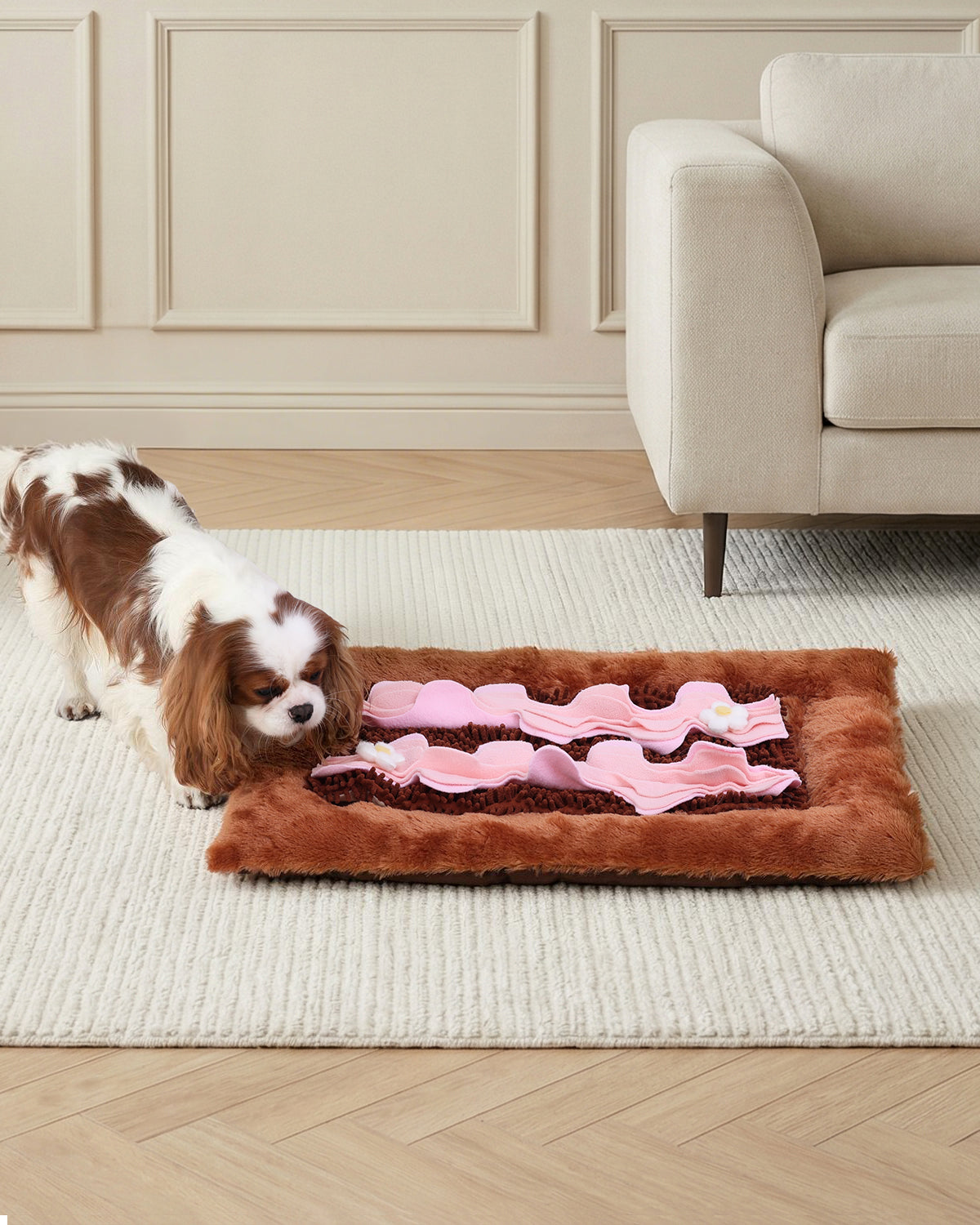 KSIIA 2-in-1 Snuffle Dog Bed – Washable Plush Crate Mat with Removable Foraging Top