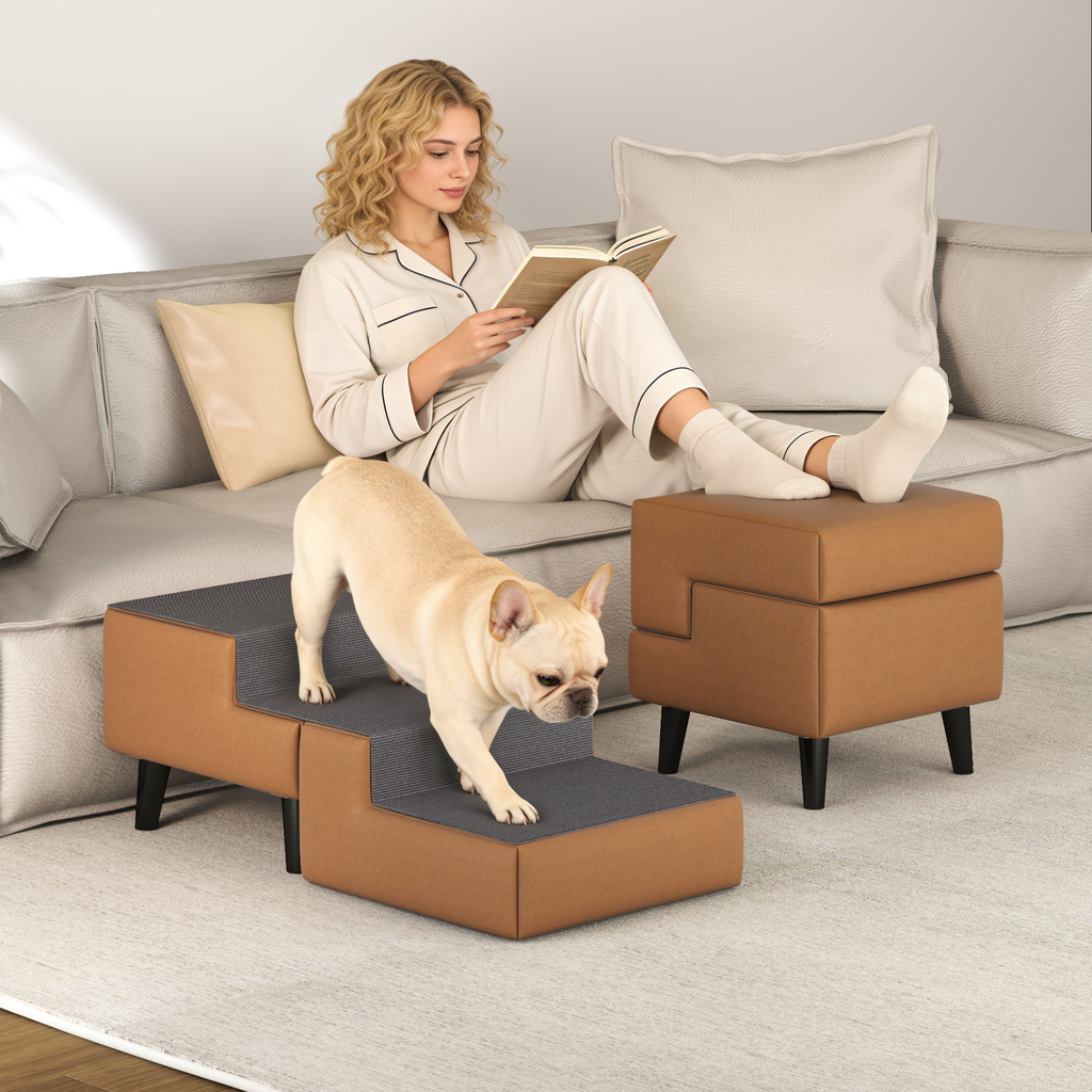 2-in-1 Foldable Dog Stairs for Couch and Bed , Multi-Functional Dog Stairs for Small Dogs, Wooden  Pet Steps Convert to Furniture Ottoman