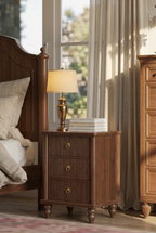 Fluted 3-Drawer Wooden End Table | Ribbed Front Side Cabinet with Turned Legs & Brass Pulls