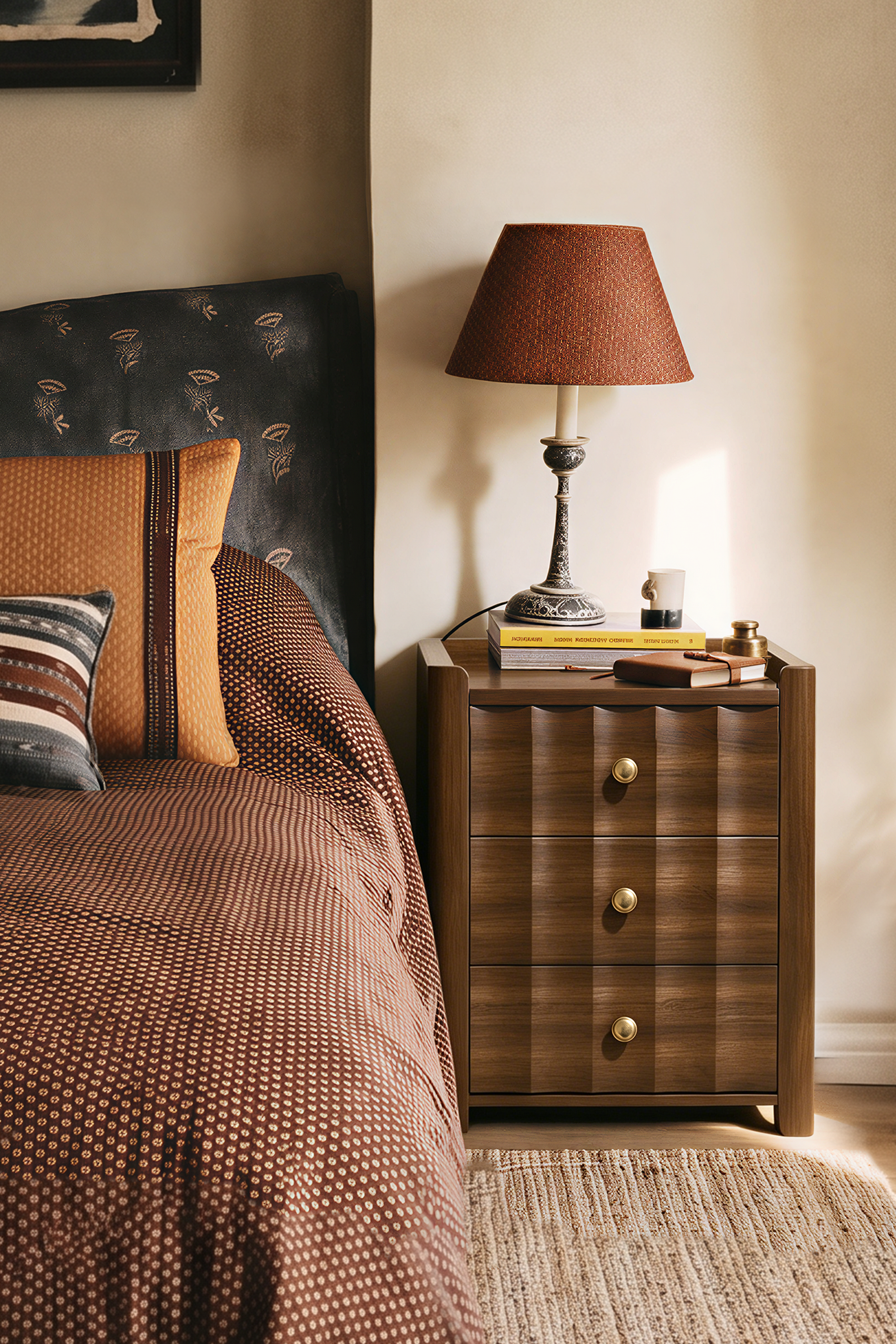 3-Drawer Vertical Fluted Wooden Nightstand, Retro Wavy Ribbed Bedside Cabinet with Round Brass Knobs, Solid Wood Storage End Table for Bedroom