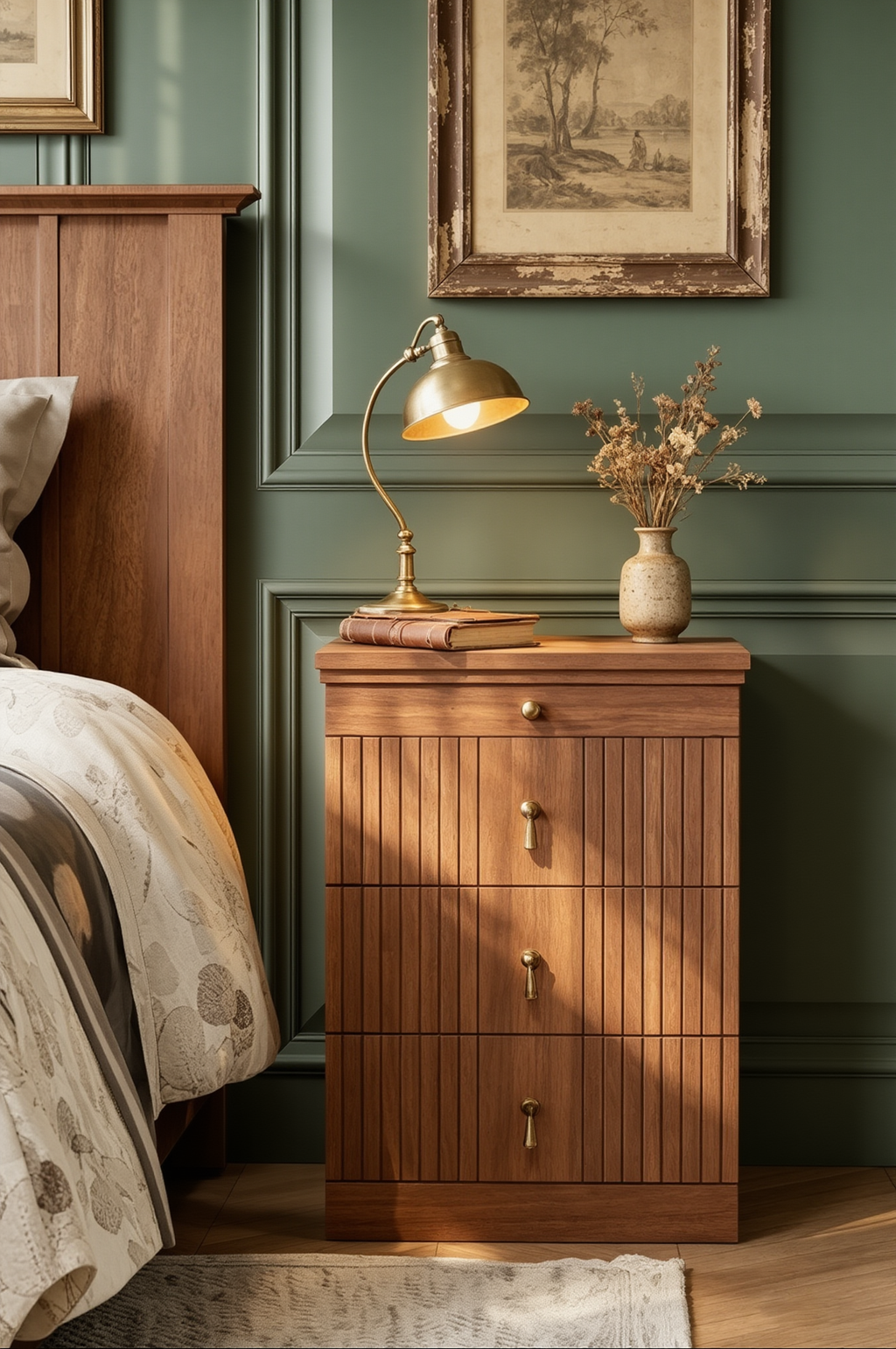 Modern Fluted 4-Drawer Wooden Nightstand | Vintage Style Storage Cabinet for Bedroom, Solid Wood Veneer