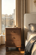 Mid-Century Modern Fluted Wooden Nightstand - 3-Drawer Storage Bedside Table with Brass Hardware for Bedroom & Living Room