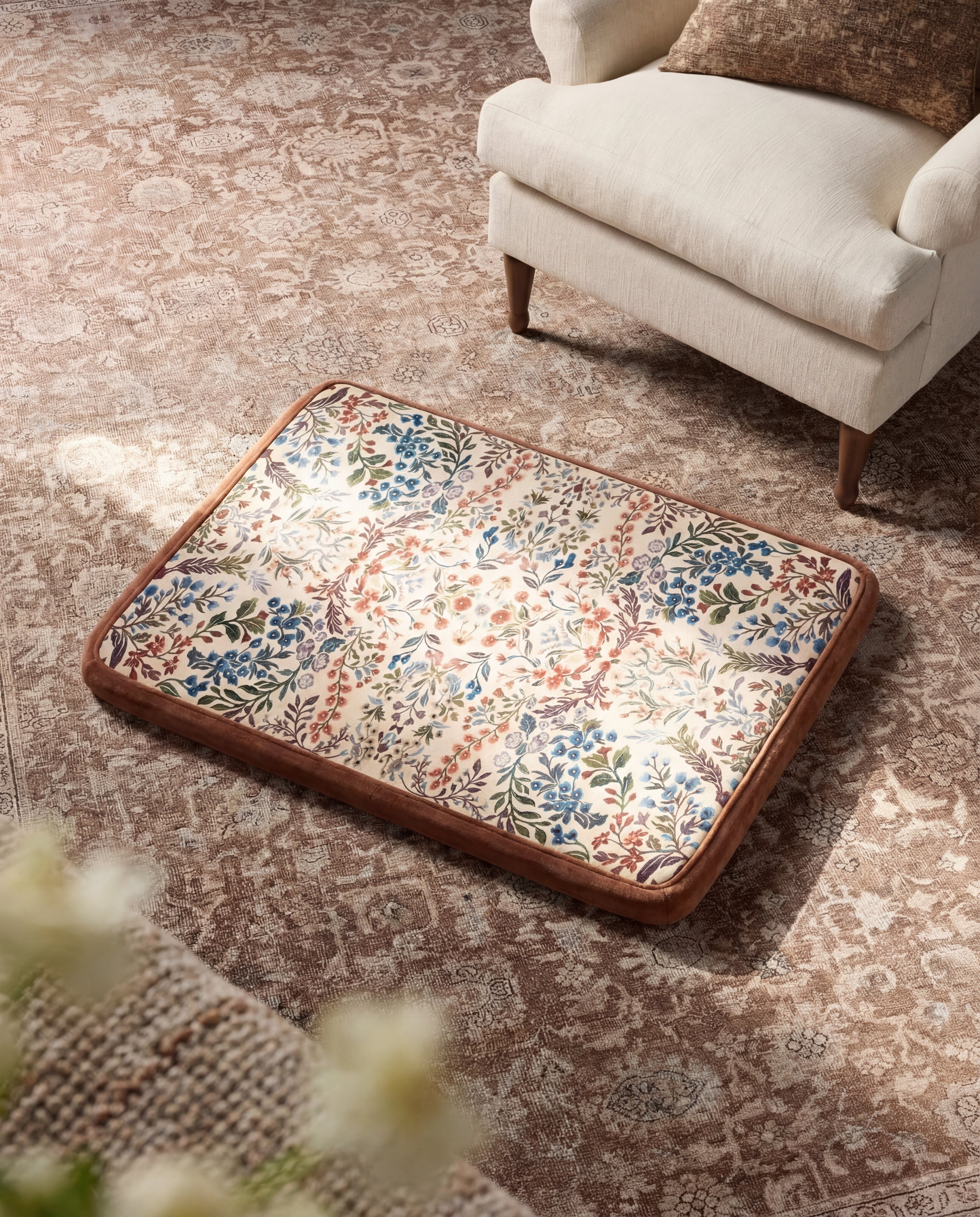 Boho Floral Dog Bed Mat - Light Retro Vintage Tulip Pattern Pet Cushion, Soft &amp; Comfortable Sleeping Pad for Small to Medium Dogs &amp; Cats, Indoor Floor &amp; Crate Mat