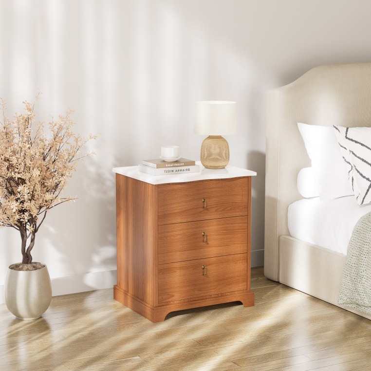 Vintage Mid-Century Nightstand with Charging Station – Three Drawers & Marble-Look Top