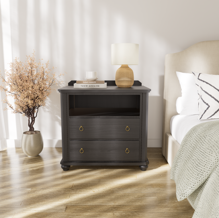 Vintage Nightstand with Backguard & Built-in Power Outlet – Two Drawers