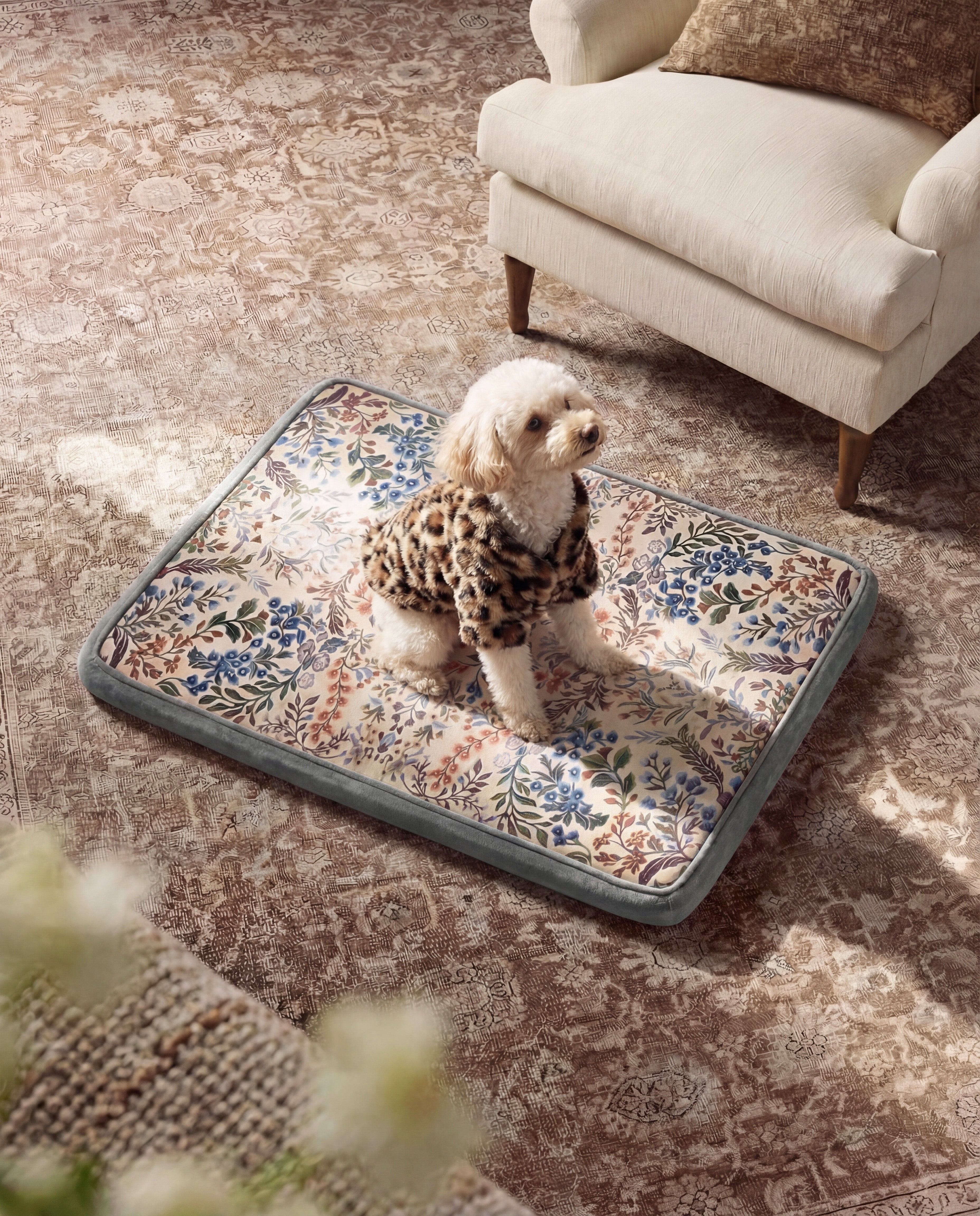Boho Floral Dog Bed Mat - Light Retro Vintage Tulip Pattern Pet Cushion, Soft &amp; Comfortable Sleeping Pad for Small to Medium Dogs &amp; Cats, Indoor Floor &amp; Crate Mat