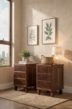 Mid-Century Modern Fluted Wooden Nightstand - 3-Drawer Storage Bedside Table with Brass Hardware for Bedroom & Living Room