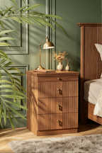 Modern Fluted 4-Drawer Wooden Nightstand | Vintage Style Storage Cabinet for Bedroom, Solid Wood Veneer